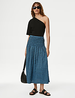 Cotton Blend Checked Midi A-Line Skirt