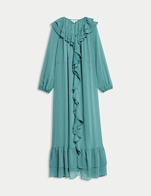 V-Neck Frill Detail Maxi Column Dress