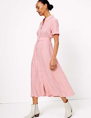Polka Dot Belted Midaxi Shirt Dress