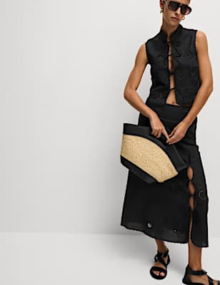 Linen Rich Embroidered Midaxi A-Line Skirt