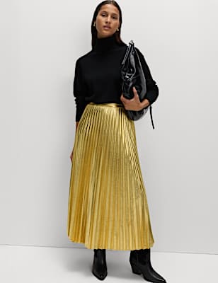 Metallic Gold Pleated Midi Skirt