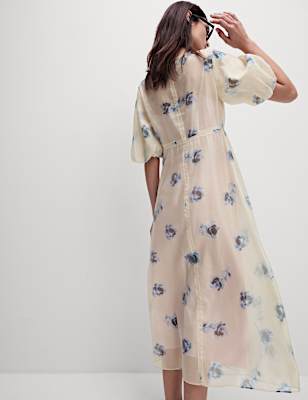 Sheer Printed V-Neck Midi Tea Dress