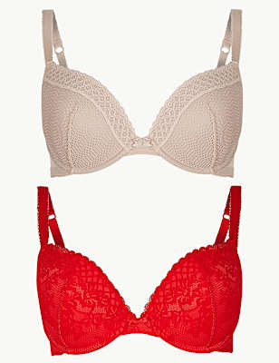 2 Pack Lace Embroidered Push-up Plunge Bras