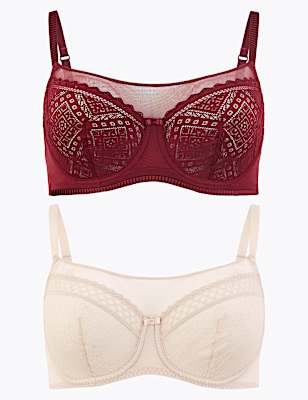 2 Pack Mesh Lace Panel Balcony Bras A-G