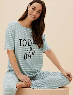 Slogan and Stripe Pyjama Set