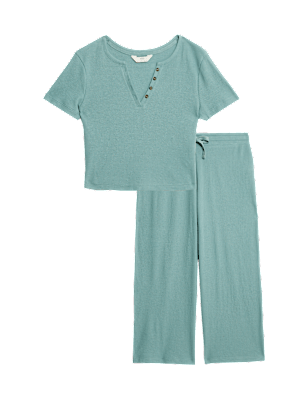 Cropped Cotton Blend Waffle Henley Pyjama Set