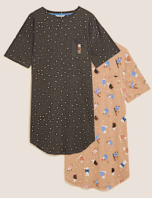 2pk Cotton Rich Cat Print Nightdresses