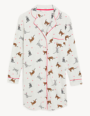 Cotton Rich Cat Print Short Nightshirt