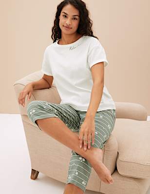 Pure Cotton Palm Print Cropped Pyjama Set