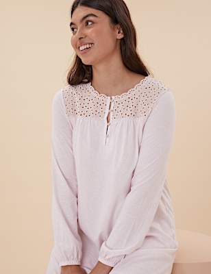 Pure Cotton Broderie Trim Long Nightdress