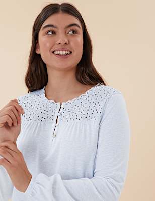 Pure Cotton Broderie Trim Long Nightdress