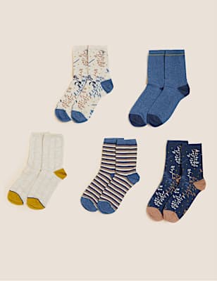 5pk Cotton Blend Floral Ankle High Socks