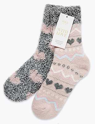 2 Pair Pack Heart Print Fluffy Socks