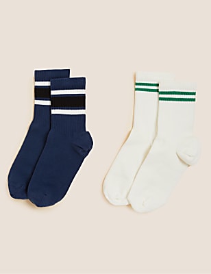 2pk Cotton Rich Striped Ankle High Socks