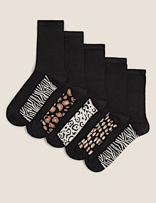 5pk Cotton Rich Animal Print Ankle Highs