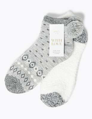 2 Pair Pack Fair Isle Pompom Anklet Socks