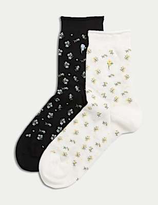 2pk Cotton Rich Floral Crew Socks