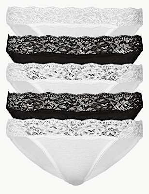 5pk Cotton Lycra&reg; Lace Bikini Knickers