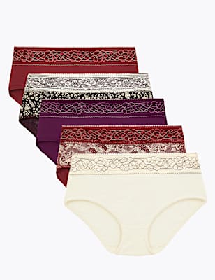 5 Pack Lace Paisley Print Midi Knickers