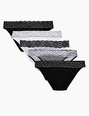 5pk Cotton Lycra® & Lace Bikini Knickers