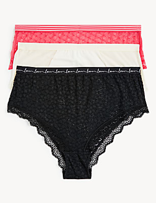 3pk Lace & Mesh High Waisted Brazilian Knickers