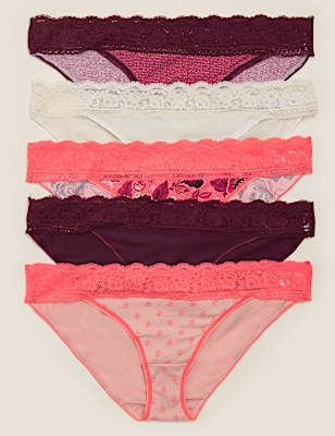 5pk Cotton Lycra&reg; & Lace Bikini Briefs