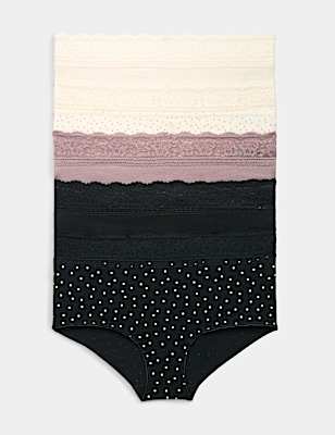 5pk Cotton Lycra&reg; & Lace Midi Knicker
