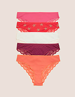 5pk Cotton & Lace Brazillian Knickers