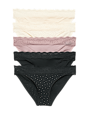 5pk Cotton Blend Printed Bikini Knickers