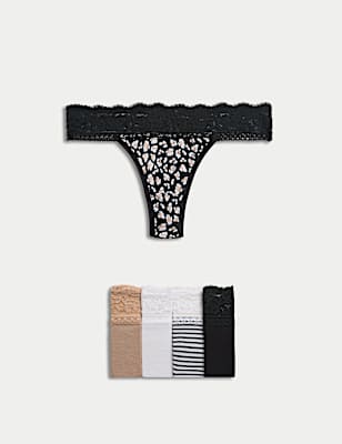 5 Pack Cotton & Lace Printed Thongs