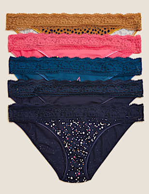 5pk Cotton & Lace Low Rise Bikini Knickers