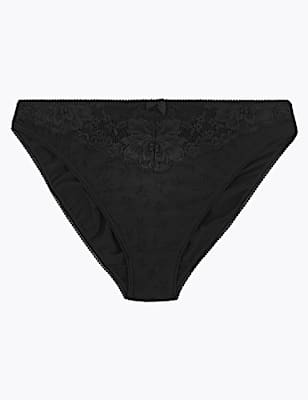 Jacquard & Lace Trim High Leg Knickers