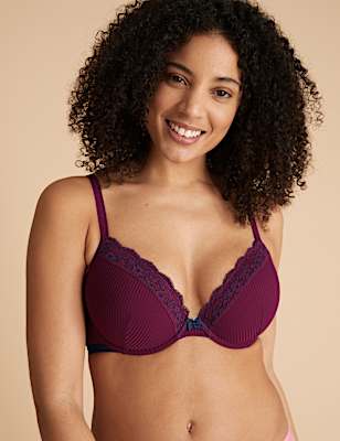Lace Trim Underwired Plunge Bra A-E