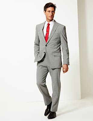 Grey Checked Regular Fit Trousers with Stretch