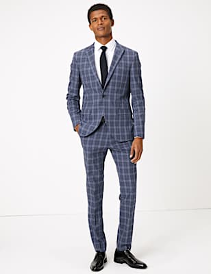 Blue Skinny Fit Checked Suit Jacket