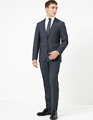 Blue Checked Slim Fit Wool Jacket