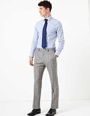 Grey Checked Tailored Fit Wool Trousers