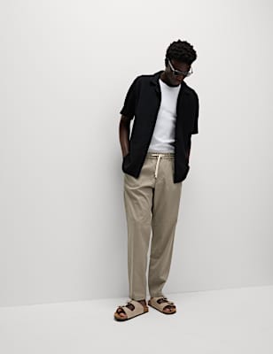 Tapered Fit Cotton Linen Blend Elasticated Trousers