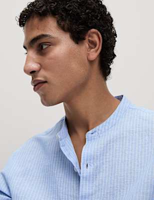 Cotton Linen Blend Striped Grandad Collar Shirt