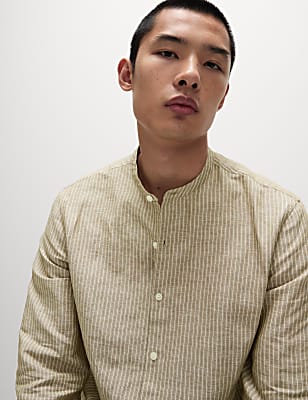 Cotton Linen Blend Striped Grandad Collar Shirt