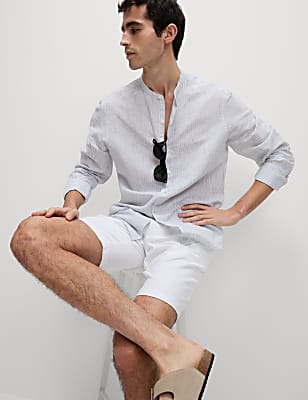 Cotton Linen Blend Striped Grandad Collar Shirt