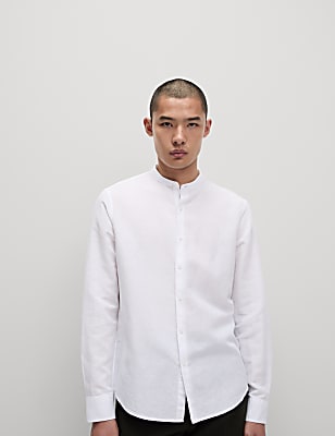 Cotton Linen Blend Grandad Collar Shirt