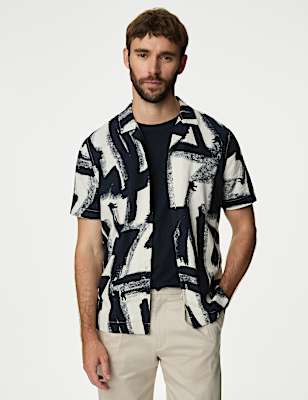 Linen Blend Abstract Print Cuban Collar Shirt