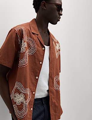 Regular Fit Cotton Linen Blend Floral Shirt