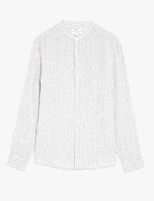 Pure Linen Striped Grandad Collar Shirt