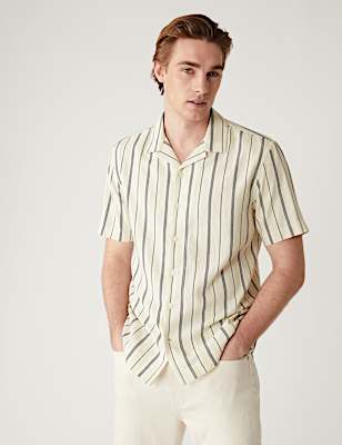 Linen Blend Striped Cuban Collar Shirt