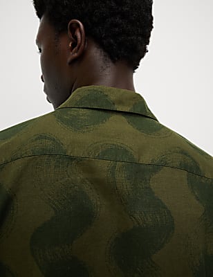 Linen Rich Cuban Collar Wave Print Shirt