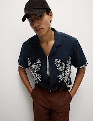 Cotton Linen Blend Short Sleeve Embroidered Shirt