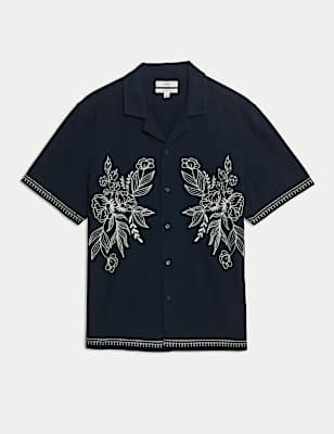 Cotton Linen Blend Short Sleeve Embroidered Shirt