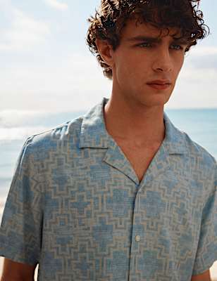 Linen Blend Geometric Print Short Sleeve Shirt